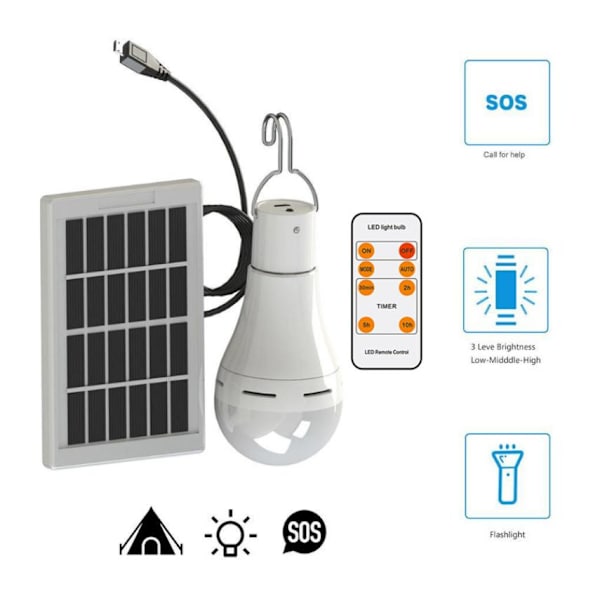 LED solcellslampa, USB-laddning med fjärrkontroll 7W (fjärrkontroll + glödlampa + solpanel = komplett set (smart switch, kallvitt ljus)