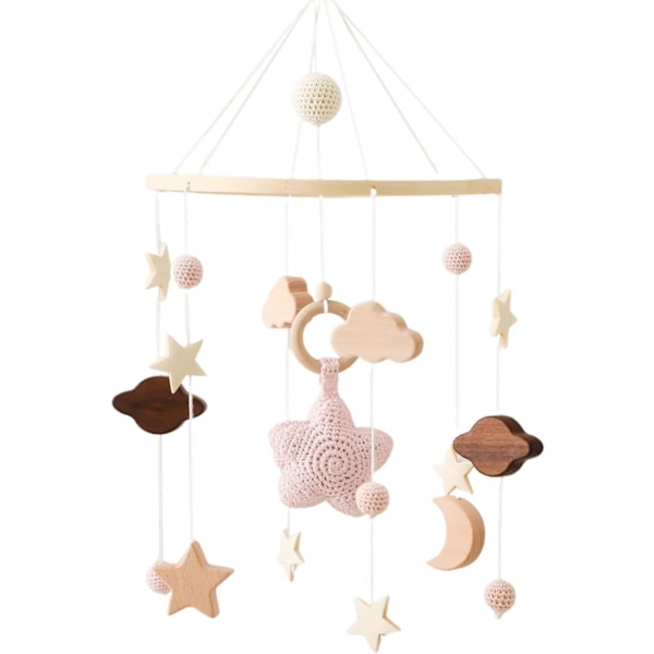 Træ babymobil med filtbolde og sky ornamenter til børneværelset (pink) Pink