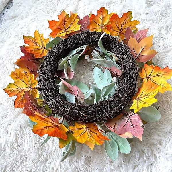 Höstkrans för ytterdörren, konstgjord höstkrans med lönnlöv, vita pumpor och bär för Thanksgiving-fönster- och väggdekoration