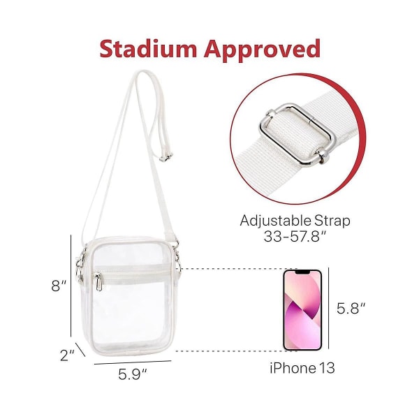 Kirkas laukku Stadion hyväksytty läpinäkyvä käsilaukku säädettävällä hihnalla ulkoilutapahtumiin, valkoinen