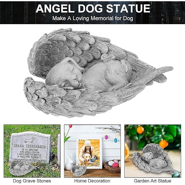 Mindehund i harpiks til kæledyr - Gravsten til kirkegård - Mindehund - Gave til mindehøjtideligheder - Sovende hund - Engel - Statue til kæledyr - Grå