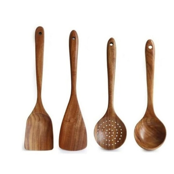 Puinen keittiövälineet, Teak-keittiösarja akaasiapuusta, naarmuuntumattomat ja lämmönkestävät 4set