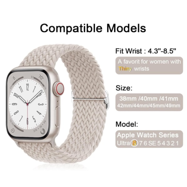 5-pakkaus punottuja joustavia säädettäviä hihnoja, jotka ovat yhteensopivia Apple Watch Ultra 2/1 -rannekkeiden kanssa, 38 mm, 40 mm, 41 mm, 42 mm, 44 mm, 45 mm, 49 mm, naisille ja miehille, urheilulliset elastiset nylonrannekkeet iWatch Series 9 8 SE 7 6 5 4 3 (mehevä)