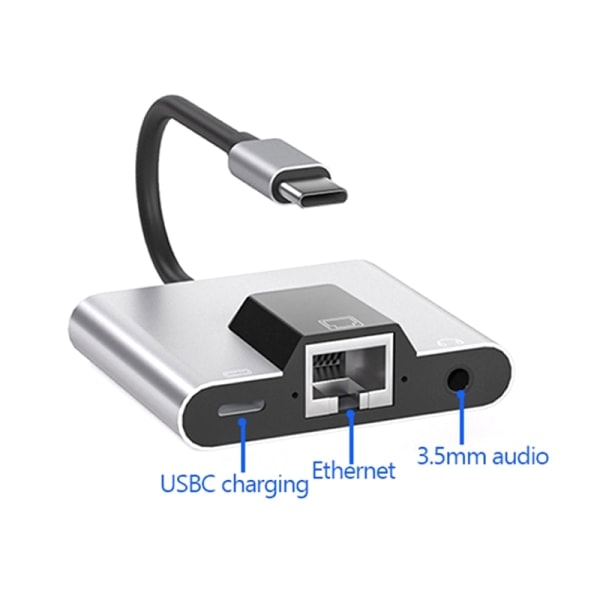 Type-C til Ethernet LAN Nettverksadapter Hub USB C til 3.5mm lyd og PD
