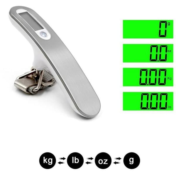 Elektronisk bagagevægt, ABS/rustfrit stål, LCD-display, grønt baggrundslys, 50 kg, sølv