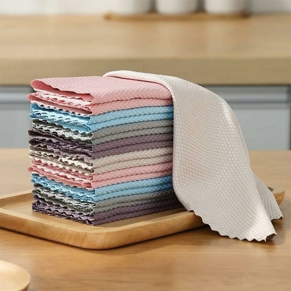 Mikrofiber Rengöringsdukar 10 Fiskfjälls Rengöringsdukar 25x25cm, Miljövänlig Återanvändbar Handduk för Kök Glas Bilfönster (Slumpmässig Färg)
