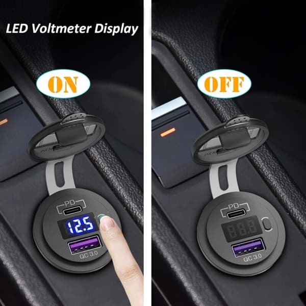 Billaderuttak, biluttak, med LED-voltmeter og bryter, hurtiglader for bil, båt, lastebil