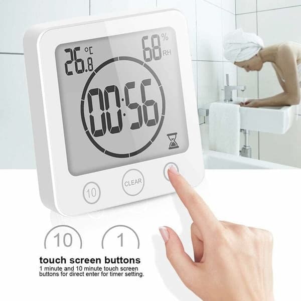 Dusjklokke for bad, LCD digital alarm, termometer hygrometer, nedtellingstimer (hvit)