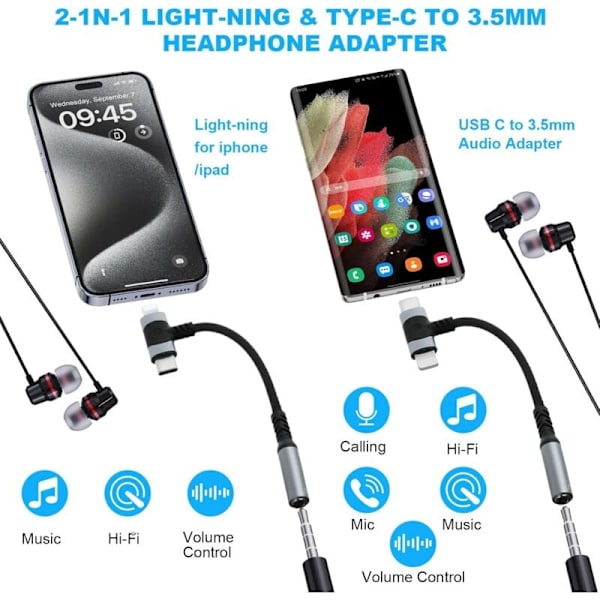 2 i 1 USB C til 3,5 mm Jack Adapter, Type C/L-ightning til DAC Chip Hovedtelefon Jack
