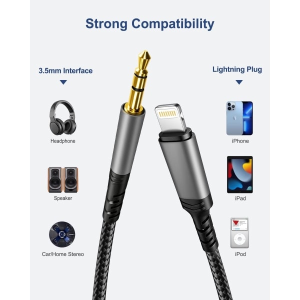 Lightning - 3,5 mm:n audiokaapeli iPhonelle, nylon, stereo, musta