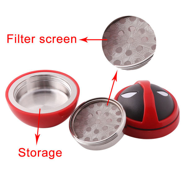 Deadpool Grinder Krydderkvern, Urtekvern med 2\" Pollenfanger, Holdbar Sink-Legering, for Urter, Pollen, Blomster, Sort Gaveeske