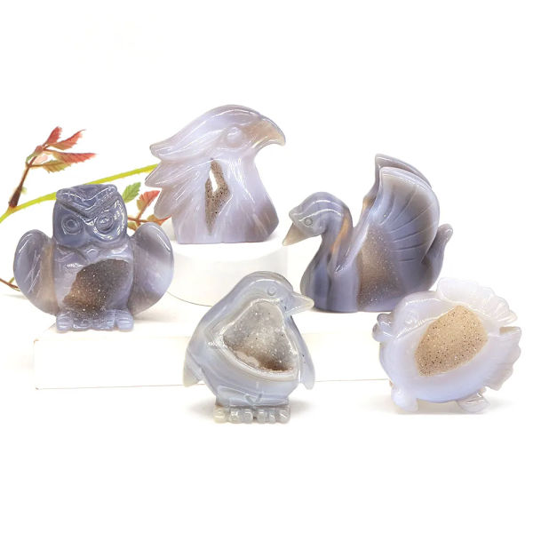 Svanörn Huvud Fisk Uggla Pingvin Staty Natursten Grå Agat Geod Healing Kristallsnideri Djurfigurer Hantverk Heminredning Nine-tailed Fox 3pcs Nine-tailed Fox 3pcs