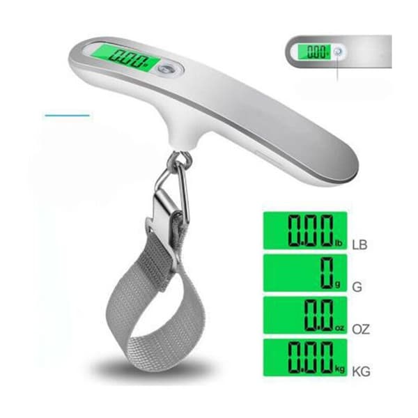 Elektronisk bagagevægt, ABS/rustfrit stål, LCD-display, grønt baggrundslys, 50 kg, sølv