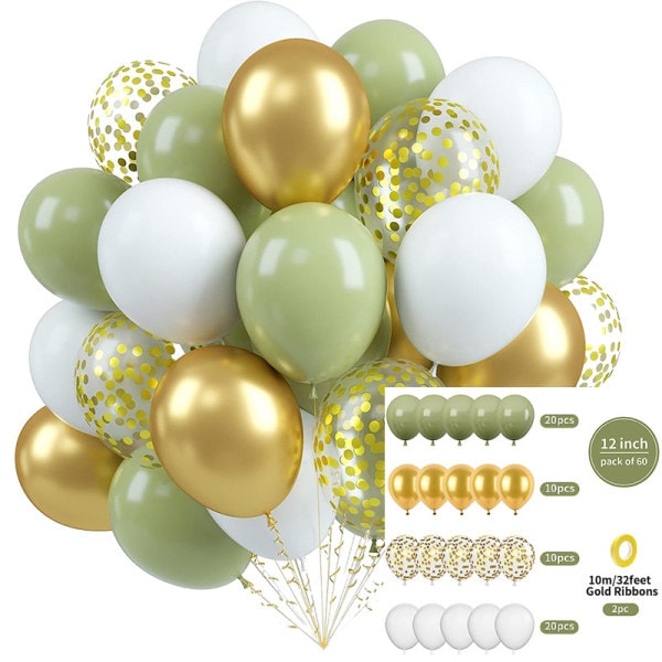 60 st Retro Ballonger Grön Vit Guld Konfetti Latex Ballonger, G