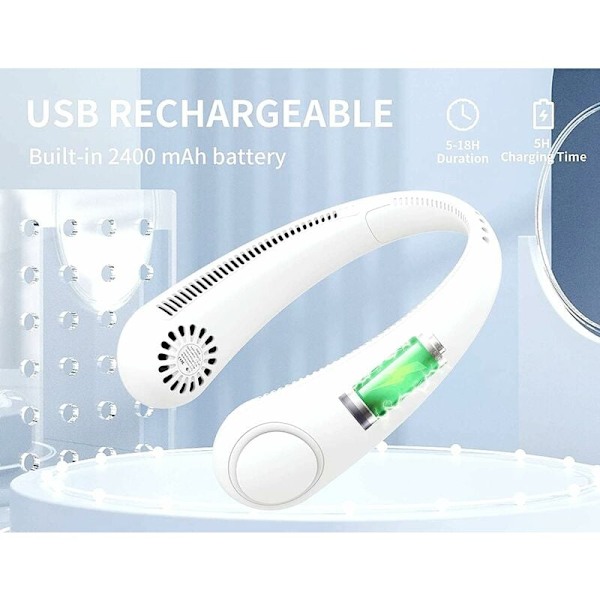 Kannettava handsfree-kaulatuuletin USB-liitännällä, 1200 mAh akku, 3 nopeutta, 360° säädettävä, hiljainen, valkoinen