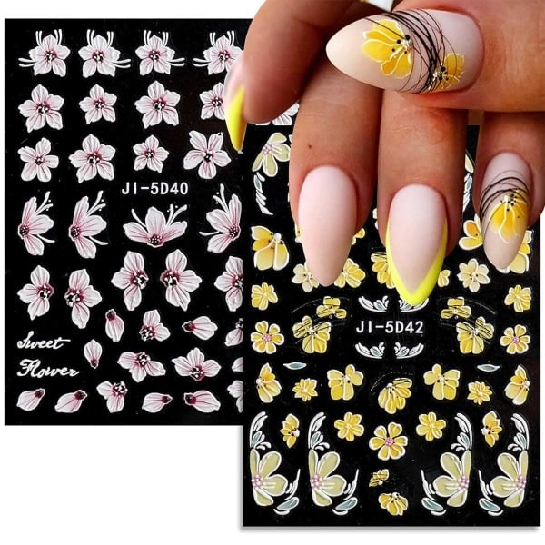 3D Självhäftande Nagelstickers med Vårblommor Stereoskopisk Färgglad Dekoration 4 Ark