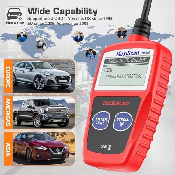 1 x MS309 CAN OBDII Scanner OBD2 Diagnostisk Værktøj – Scan Værktøj til Check Engine Light (Rød)