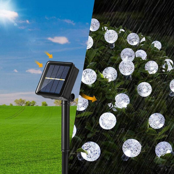 Julelys, 9,5 m, 50 LED, 8 moduser, vanntett, lyssensor, solcelledrevet, hvit