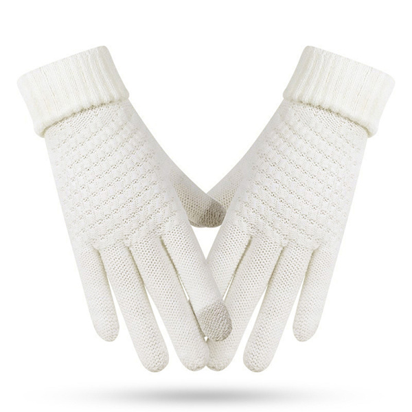 Vinter Touch-Handskar Dam Herr Varma Stretch Stickade Vantar Imitation White