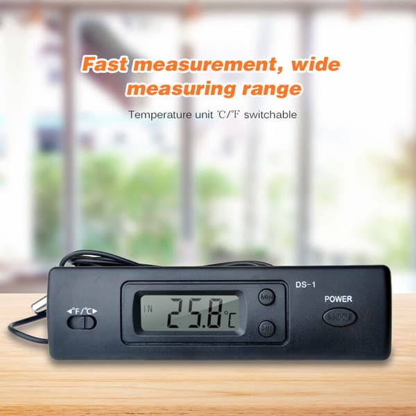Mini Biltermometer med Tidsvisning og DS-1 Probe Sort Kompatibel med Køretøjer