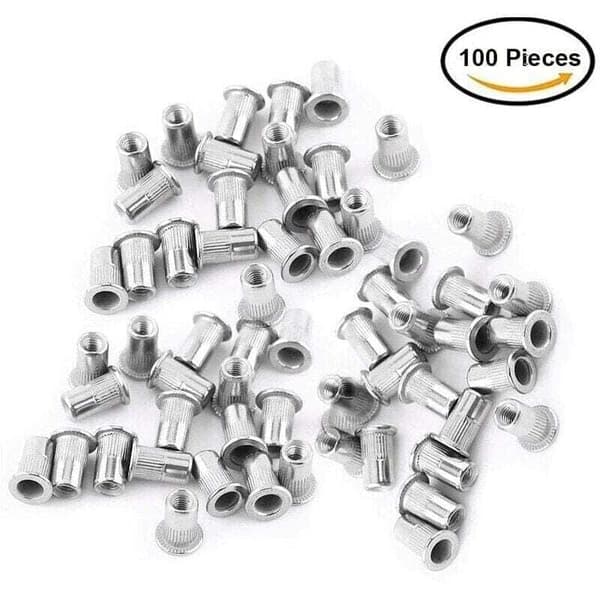 100 stk. M6 Rivmutter med flatt hode, Rivmuttere i rustfritt stål, Gjenget innlegg med flatt hode, M6 Rivmutter, M6 Rivmutter