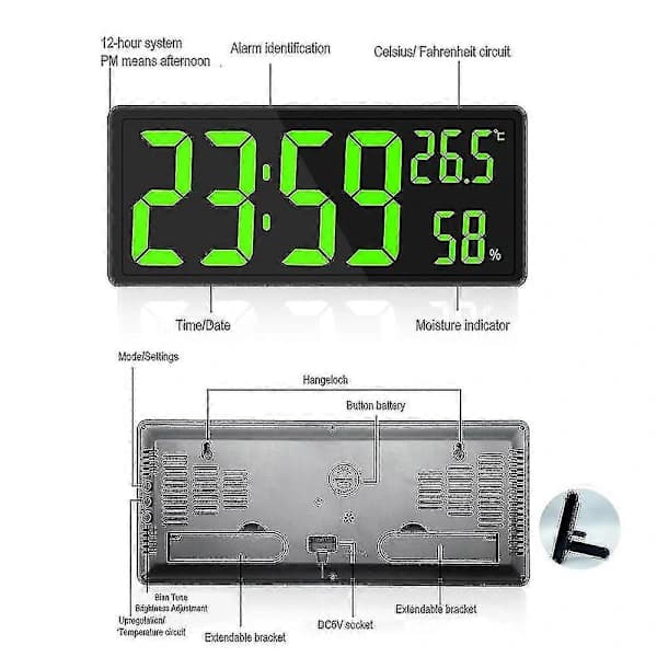 Stor digital väggklocka med LED-display, temperatur, luftfuktighet, datum, alarm, för sovrum, kontor, klassrum, grön green
