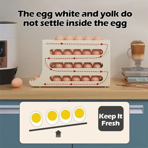 4-lags eggestativ for kjøleskap Eggdispenser Automatisk rullende eggbrett Oppbevaring 30 eggbeholder Grå