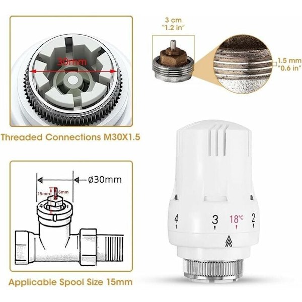 Sett med 4 termostathoder, termostatisk radiatorventil, termostatisk radiatorhode, termostatisk radiatorventil M30 x 1,5.