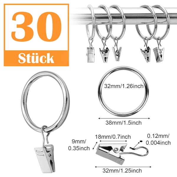 30 stk. Gardinringer i rustfritt stål med klips - 32 mm for dusj og vindu