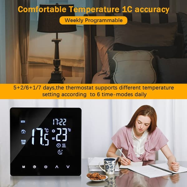 Programmerbar LCD Touch Termostat til Elektrisk Varme, Kompatibel med DEB, Sort
