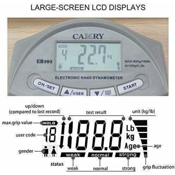 Camry Digital Gripstyrkemätare Dynamometer Auto-Registrering 90 kg/200 lbs