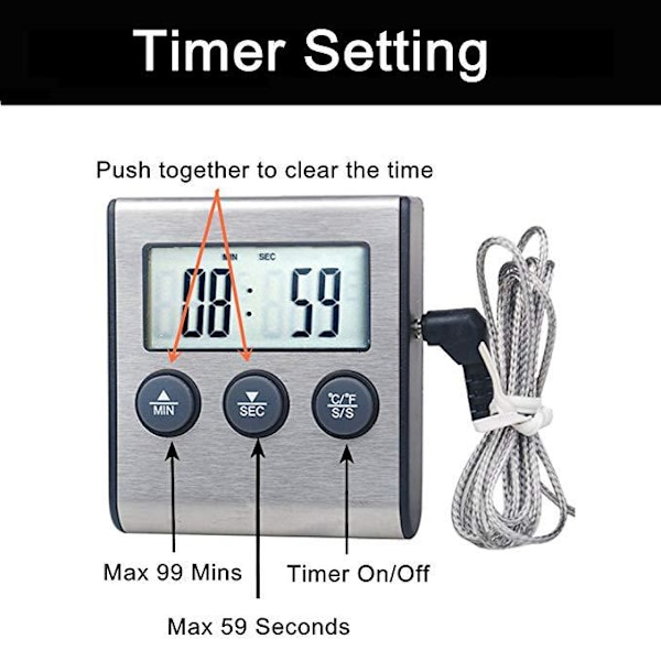 Högprecision grilltermometer i metall med digital display, utomhusgrilltermometer med timer -50 grader--250 grader