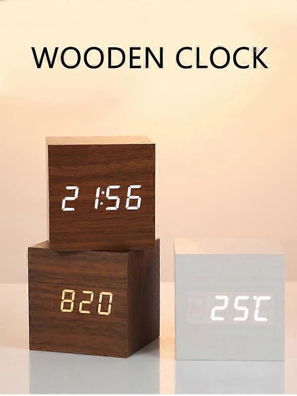 LED Digital Väckarklocka Träimitation Bordsklocka Nattlampa Termometer Snooze Väckarklocka Bamboo