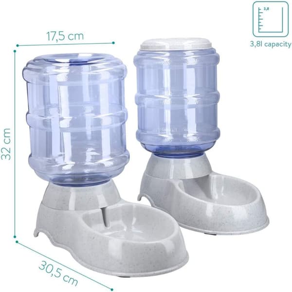 2X Tørfoder- og vanddispenser - Tilbehør til kat og hund - 2X Automatisk madskål - til kat, hund, kanin - Kapacitet 3,8L