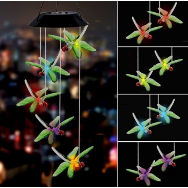 Solcellskolibri vindklocka ljus LED jul fjäril ljus trädgård sol vindklocka ljus landskapslampa trädgårdslampa Black 6 lamp holder Blue Dragonfly