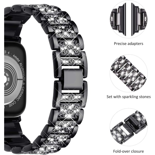 Yhteensopiva Apple Watch Rem 42 mm 44 mm 45 mm, Naisten kimalteleva bling-kristalli ruostumattomasta teräksestä valmistettu linkkiranneke, korvaava ranneke iwatch-sarjalle musta black 42/44/45/49MM