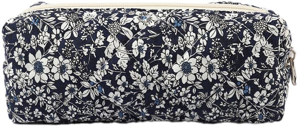 Skycases 3-pak makeuptaske-sæt, quiltet blomstret bomulds-kosmetikpung, vaskbar rejsetoilettaske til kvinder, marineblå