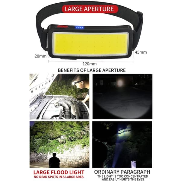 COB LED Hodelykt 2000 Lumen, USB Oppladbar Vanntett Hodelykt for Camping, Arbeid og Konstruksjon