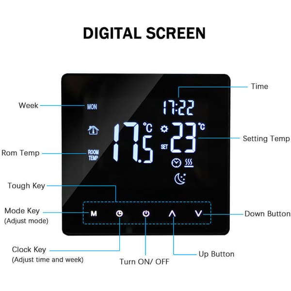 Programmerbar LCD Touch Termostat til Elektrisk Varme, Kompatibel med DEB, Sort