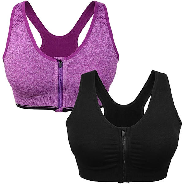 Sport-BH med dragkedja framtill för kvinnor, trådlös BH efter operation, aktiv 2-pack (svart + lila) 2 Pack(black+purple)