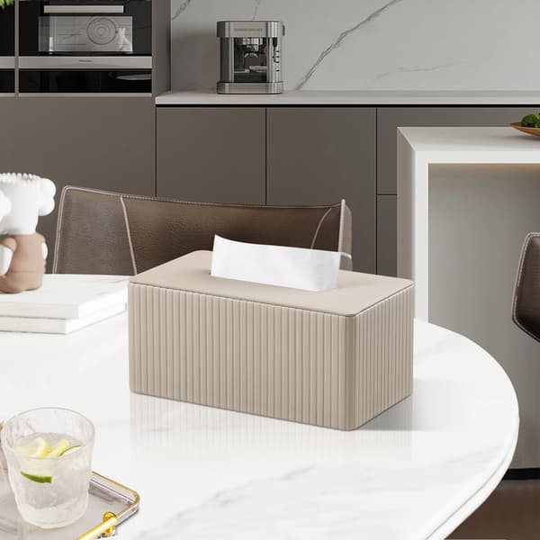 PU Läder Näsdukslåda med Magnetiskt Lock, Beige Randig Rektangulär Näsdukslåda för Badrum Sovrum Kontor, Vattentät Yta