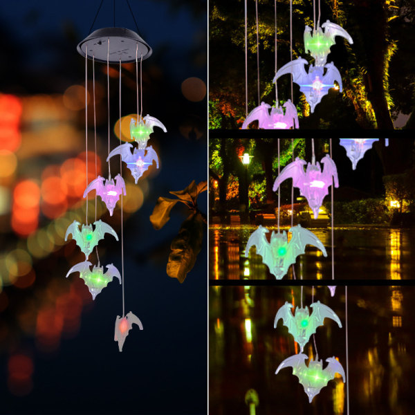 Solcellskolibri vindklocka ljus LED jul fjäril ljus trädgård sol vindklocka ljus landskapslampa trädgårdslampa Red 6 lamp holder Transparent bat