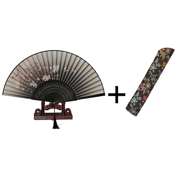 Vifte med etui - Sommerfugler med blomster [M10] - Svart Black