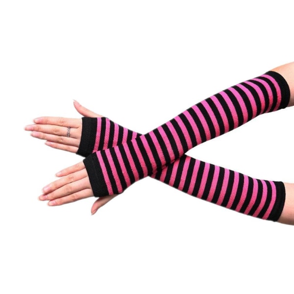 Armvarmere stribet, fingerløs & lang - Sort/mørk pink [28cm] Multicolor