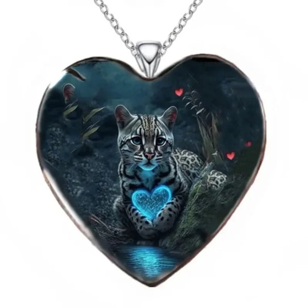 Halssmycke i glas med motiv [H1] - Leopardunge med hjärta Silver