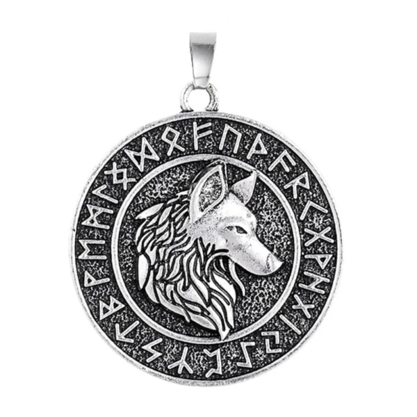 Halskæde - Ulvehoved med en ring af runer - 50cm halskæde Silver