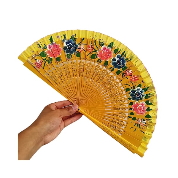 Solfjäder - Handmålad i trä - Spansk stil Blommor - Gul Gul