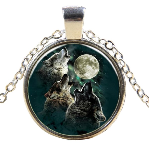 Glashalskæde med motiv [K07] - Tre ulve fuldmåne [sølv] Silver