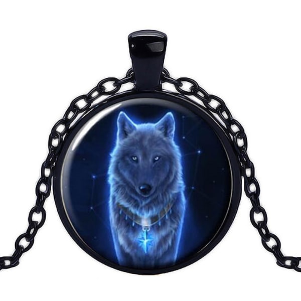 Halskjede i glass med motiv [K01] - Spirit Wolf [Black] - Wolf Black Svart