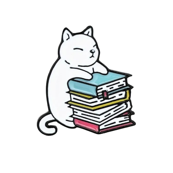 Broche - Nål - Kat med bog - Hvid White